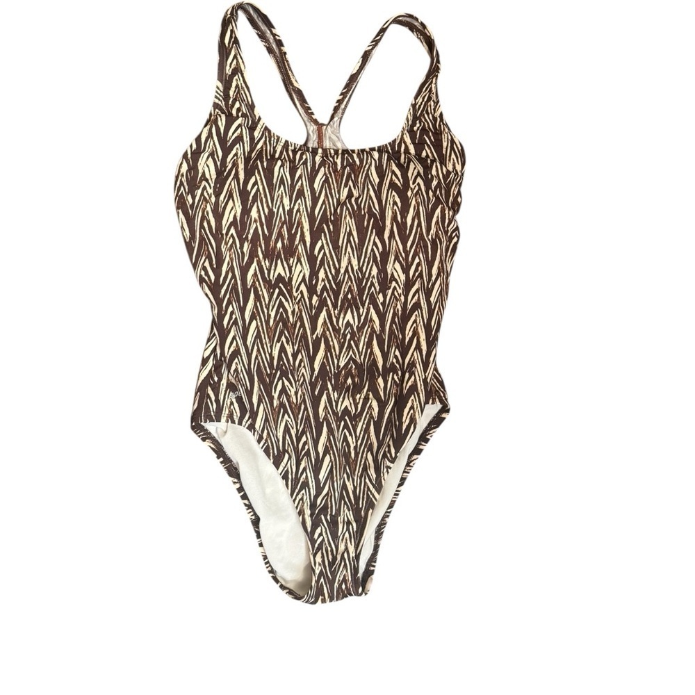 SPEEDO Endurance Women's Chevron One-Piece Swimsuit Brown Tan Racer SZ 6 EUC